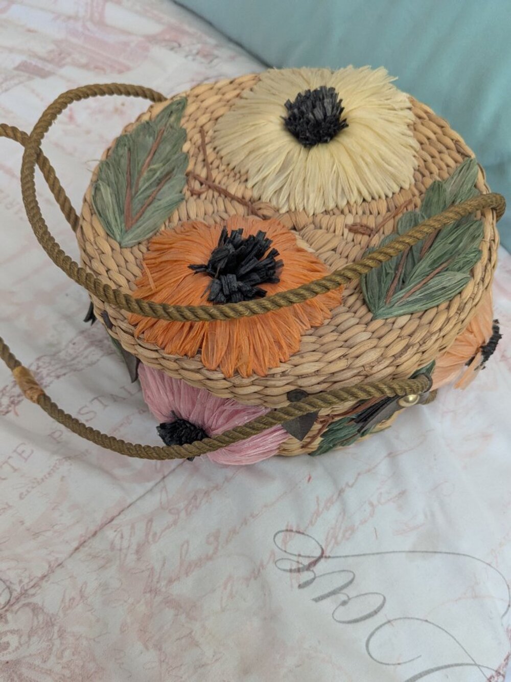 Vintage Floral Wicker And Straw Purse By Ponces Creations Philippines, 50's-60's - Picture 5 of 15